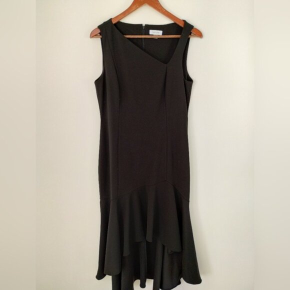Calvin Klein Hi Low Ruffle Hem Sleeveless Midi Dress Size 10 Black Classic - Picture 1 of 9